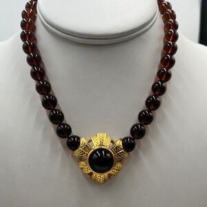 SWAROVSKI Swan Signed Vintage Brown Glass Beaded Etruscan Style choker‎ Necklace